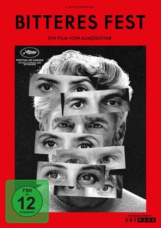 Text: "BITTERES FEST", "Ein Film von Almodóvar". Collage mit mehreren Augenpaaren übereinander auf rotem Hintergrund.