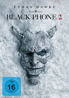 Text: "BLACK PHONE 2", "ETHAN HAWKE", "BLUMHOUSE", FSK 16. Illustration eines gefrorenen gefrorenen Teufelsgesichts im Schnee.