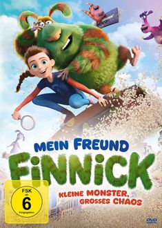 "Mein Freund Finnick: Kleine Monster, großes Chaos." Ein grünes, flauschiges Monster und ein Mädchen schweben über Popcorn.