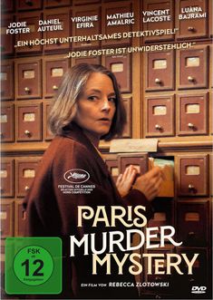Text: "Paris Murder Mystery", "FSK ab 12 freigegeben". Frau vor Schubladenwand, schaut über die Schulter. 
