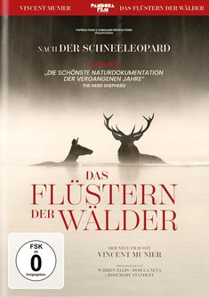 Oben: "Vincent Munier, Pandora Film", Mitte: "Nach Der Schneeleopard". Unten: Zwei Hirsche schwimmen im Nebel.