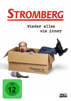 Text: "STROMBERG. Wieder alles wie immer. Capitol Versicherung. FSK ab 12 freigegeben."  
Ein Mann ragt aus einem Karton heraus. Ein umgekippter Kaktus liegt daneben.
