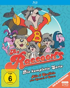 "The Raccoons", Die komplette Serie, Alle 5 Staffeln plus Specials & Extras. Illustration mit fröhlichen, cartoonartigen Tieren. FSK 6.