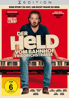 "Der Held vom Bahnhof Friedrichstraße", eine Person sitzt auf einem Zug, roter Hintergrund, diverse Filminformationen.