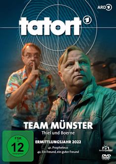 Tatort-Logo, ARD-Logo, TEAM MÜNSTER: Thiel und Boerne, ERMITTLUNGSJAHR 2022. Zwei Männer, einer schweigt, der andere schaut ernst.