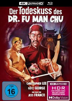 Text: "Der Todeskuss des Dr. Fu Man Chu." Illustration mit Männern, Gebäude, Frau in weißen Kleid, Kette, Schwert.