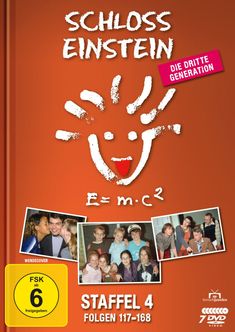 „Schloss Einstein: Die Dritte Generation“. Staffel 4, Folgen 117-168. Drei Fotos von Jugendlichen. Orange Hintergrund.