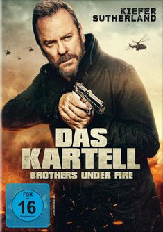 „Das Kartell: Brothers Under Fire“ und „Kiefer Sutherland“ oben. Ein Mann hält eine Pistole, im Hintergrund fliegen Hubschrauber.