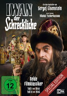 Das Plakat zeigt „IWAN der Schreckliche“. Texte: „Ein Kino-Zweiteiler von Sergej Eisenstein“, „Beide Filmklassiker“, FSK 12.