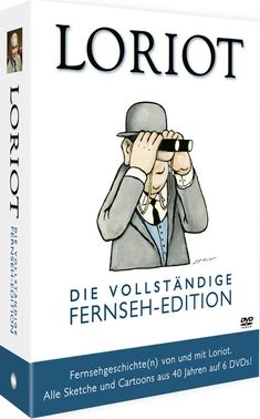 "Loriot - Die vollständige Fernseh-Edition. Illustration: Mann mit Fernglas im Anzug und Hut, blauer Hintergrund."