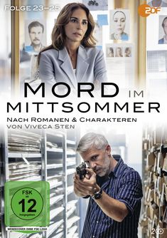 „Folge 23–25“, „Mord im Mittsommer“, „Nach Romanen & Charakteren von Viveca Sten“. Zwei Personen, ZDF-Logo.