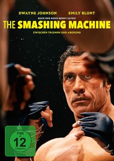 Text: "Dwayne Johnson, Emily Blunt, The Smashing Machine." Nahaufnahme eines Boxers mit blutender Lippe in Kampfpose.