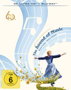 "60. Jubiläum", "The Sound of Music", "FSK ab 6". Frau in blauem Kleid auf Wiese mit gelben Blumen, Musiknoten im Hintergrund.