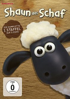 **Shaun das Schaf** - Die komplette 1. Staffel auf 5 DVDs. FSK ab 0 freigegeben. Kopf eines Schafs mit großen Augen.