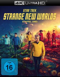 „Star Trek: Strange New Worlds, Staffel Drei“, Sci-Fi-Szene mit bunter Alien-Landschaft, Crew in Uniformen, etliche Pflanzen.