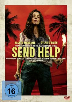 Oben stehen Namen und darunter „SEND HELP“ in Gelb. Eine Frau hält eine Fackel vor einem roten Hintergrund mit Palmen.