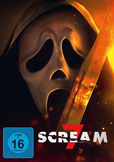 Text: SCREAM 7, VORAB-COVER, FSK ab 16 freigegeben. Eine schaurige Maske mit Kapuze und ein Messer reflektiert ein brennendes Haus.