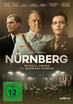 "NÜRNBERG" steht im Mittelpunkt, darunter "Russell Crowe ist Hermann Göring". Darunter eine Gerichtsszene mit vielen Menschen.