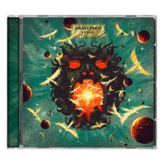 Ein CD-Cover mit der Aufschrift "GRAVEYARD FEVER", zeigt ein leuchtendes Gesicht im Raum mit fliegenden Objekten.