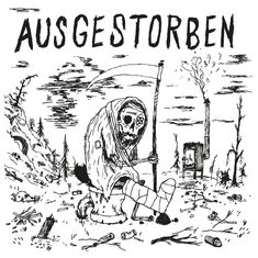 ”AUSGESTORBEN” in großer Schrift. Sensenmann sitzt trostlos in karger Landschaft, umgeben von Müll und Baumstümpfen.