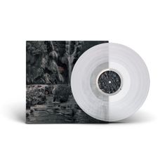 Transzendenz, fließende Wasserfälle, klare Vinyl-Schallplatte teils über dem Cover, Naturmotiv.