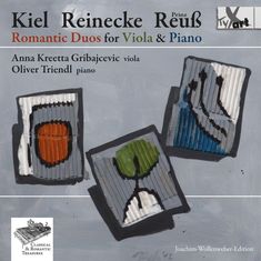 Texte: "Kiel Reinecke Reuß", "Romantic Duos for Viola & Piano", "Anna Kreetta Gribajcevic viola", "Oliver Triendl piano".

Illustration: Drei abstrakte Bilder auf grauem Hintergrund.