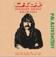 DJ Rok, Reinhard Lakomy, Elektronik. Palastkonzert. Donnerstag 26. Mai 1983, 19.00 Uhr. Palast der Republik, Großer Saal. Illustration eines Mannes mit langen Haaren und Schnurrbart.