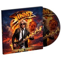 "BOOM BANG GOODBYE" steht in gelber Schrift. Ein Musiker mit Gitarre vor einer Explosion, umgeben von Flammen.