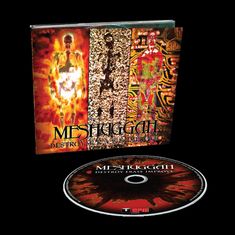 "Meshuggah, Destroy Erase Improve" auf CD und Cover mit abstrakten, feurigen menschlichen Figuren und Mustern.