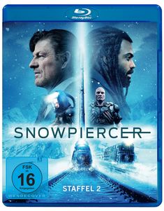 „SNOWPIERCER STAFFEL 2“, FSK 16. Zwei Gesichter im Profil, darunter Zug in schneebedeckter Landschaft. Blu-ray-Logo.