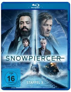 Text: "Snowpiercer", "FSK ab 16 freigegeben". Ein Zug rast durch eine verschneite Landschaft. Gesichter mehrerer Personen.
