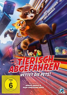„Tierisch Abgefahren: Rettet die Pets!“ Ein Waschbär und andere Tiere springen dynamisch von einem Zug. FSK 6.