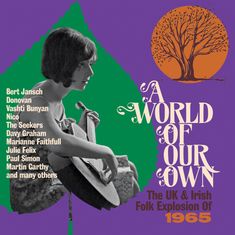 Text: Bert Jansch, Donovan, Vashti Bunyan, Nico, The Seekers, Davy Graham, Marianne Faithfull, Julie Felix, Paul Simon, Martin Carthy. A World of Our Own. The UK & Irish Folk Explosion Of 1965.  
Illustration: Gitarrenspielende Frau, Baum in orange.