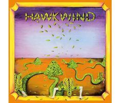 „HAWKWIND“ in Blattform. Illustration mit grünen Schlangen und Blättern auf orangem Boden. Rechteckiger Rahmen in Gelb.