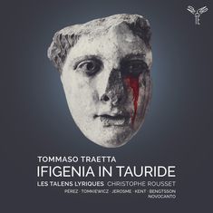 „TOMMASO TRAETTA IFIGENIA IN TAURIDE. Les Talens Lyriques, Christophe Rousset.“ Eine antike Büste mit rotem Streifen.