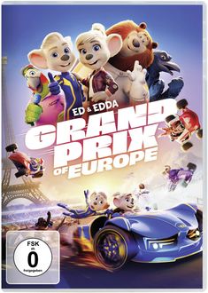 „Ed & Edda: Grand Prix of Europe“ in fetter Schrift. Bunte cartoonartige Tiere und Rennwagen, Eiffelturm im Hintergrund.