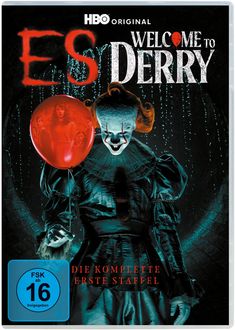 „ES: WELCOME TO DERRY“, „DIE KOMPLETTE ERSTE STAFFEL“, „FSK ab 16“; unheimlicher Clown hält roten Ballon mit Menschen.