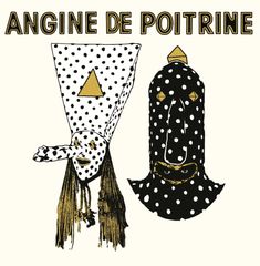 "ANGINE DE POITRINE." Zwei maskierte Figuren mit Punktmustern und goldenen Details, kreativ und geheimnisvoll gestaltet.