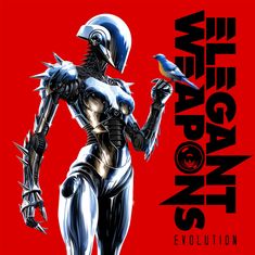 „ELEGANT WEAPONS EVOLUTION“: Eine futuristische Roboterfigur mit stählernen Konturen und einem Vogel auf der Hand.