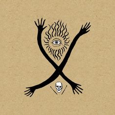 Illustration: Zwei gekreuzte Arme, ein Auge mit Flammen darüber und ein Totenkopf mit Stöcken darunter auf braunem Hintergrund.
