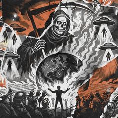 Der Text "THE END IS NOT THE END" erscheint auf einem brennenden Globus. Der Tod mit Sense, UFOs und Menschen darunter.