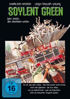 "Soylent Green", Jahr 2022... die überleben wollen. Szene: Menschen fallen von "Riot Control"-Fahrzeug. FSK 16-Symbol.