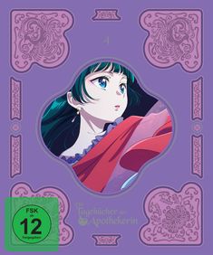 "Die Tagebücher der Apothekerin", FSK 12. Illustration: Frau mit grünen Haaren und rotem Gewand auf lila Hintergrund.