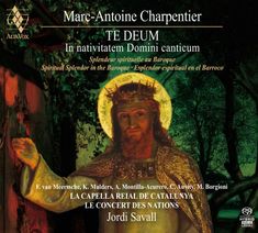„Marc-Antoine Charpentier TE DEUM“ in großen Buchstaben. Darunter plastische Darstellung von Christus mit Dornenkrone.