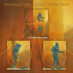 "Triangulation" und "Steve Morse Band". Drei Blaufiguren in gold-braunen Quadraten mit Himmelsrichtungen angeordnet.