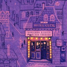 "Live at Hotel Cecil", "Thorbjørn Risager and The Black Tornado", Illustration eines Hauses mit Leuchtreklame.