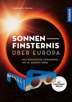 "Sonnenfinsternis über Europa, 12. August 2026. Illustration einer Finsternis mit Brille und leuchtendem Rand."