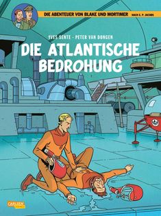 "Die Atlantische Bedrohung" ist der Titel. Zwei Männer in orangener Kleidung, einer kniet über dem anderen. Umgebung futuristisch.