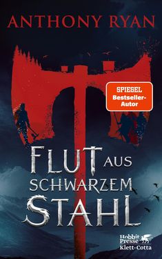 Text: "SPITZEL-Bestseller-Autor" oben mit "FLUT AUS SCHWARZEM STAHL" in der Mitte. Eine Axt-Illustration schmückt das Design.