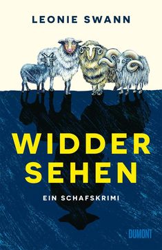Oben: "LEONIE SWANN". Mitte: "WIDDER SEHEN". Unten: "EIN SCHAFSKRIMI". Drei Schafe und ein Widder stehen nebeneinander.